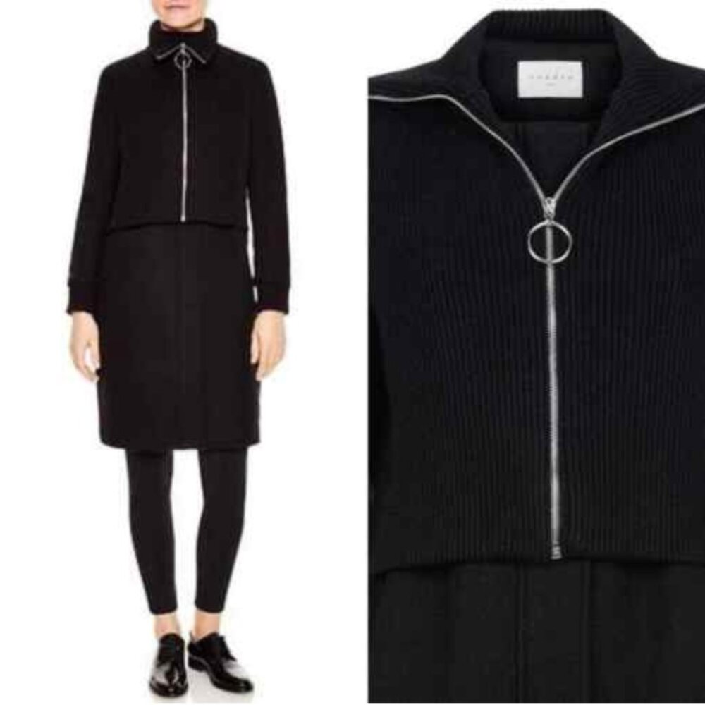 Sandro Kolia Ribbed Overlay Wool Blend Coat Size 6